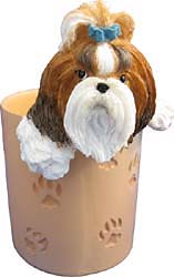 Pencil Holder: Shih Tzu, Tan Pen & White